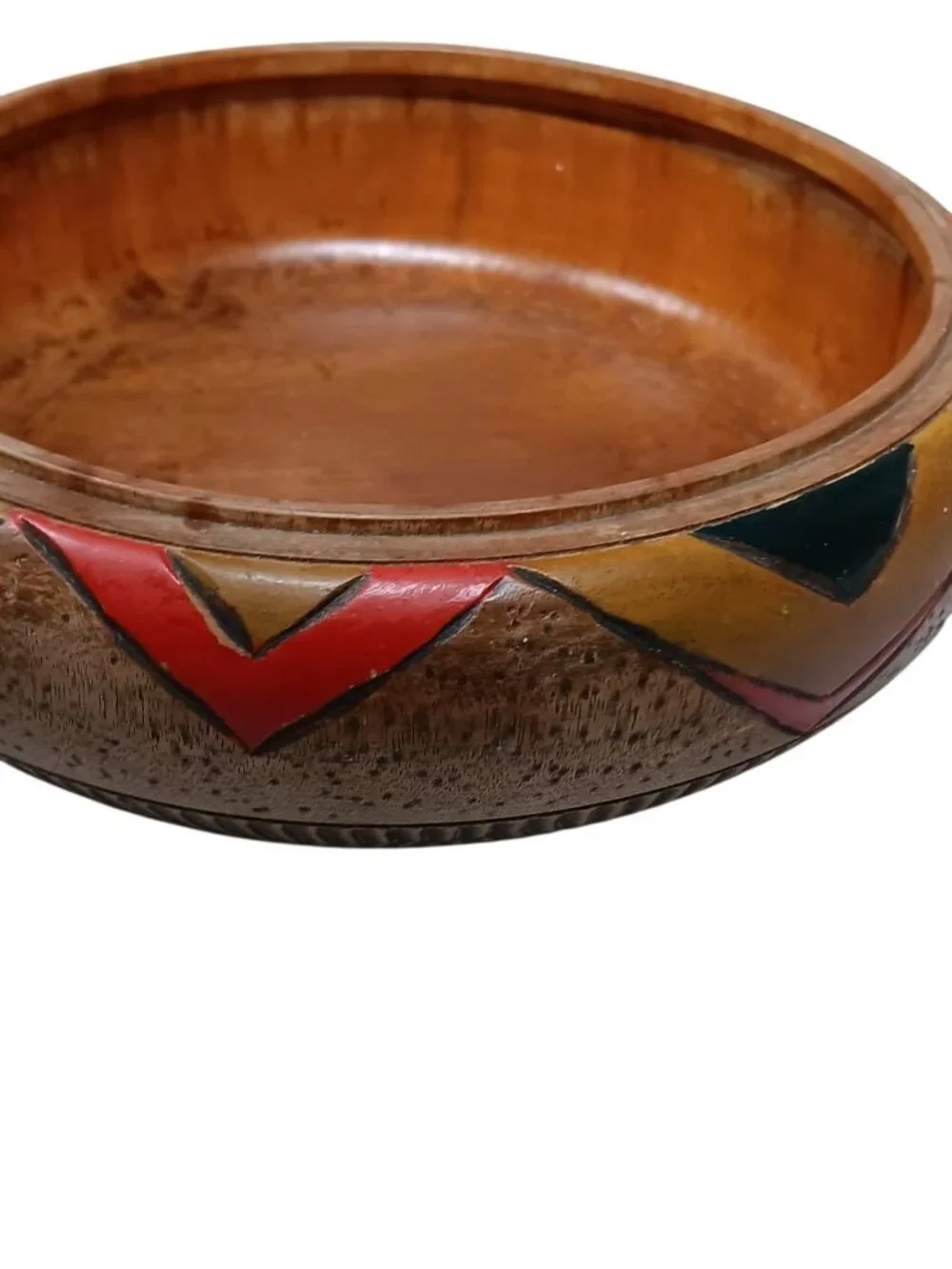 Primitive Ethnic Hand Carved Hand Painted Wooden Bowl Geometric Triangular 6.5
